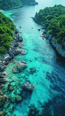 Obraz premium Create an aerial view image of a tranquil ocean shore where the clear turquoise waters created with Generative AI technology