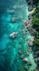 Obraz premium Create an aerial view image of a tranquil ocean shore where the clear turquoise waters created with Generative AI technology