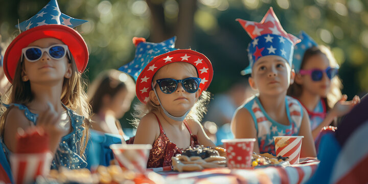 Kids enjoying a 4th of July dress-up party in red, white, and blue outfits with star-spangled accessories