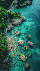 Create an aerial view image of a tranquil ocean shore where the clear turquoise waters created with Generative AI technology