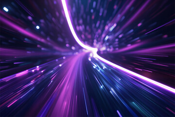 Blue purple light line through dark background, hyper speed warp in space