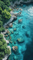 Obraz premium Create an aerial view image of a tranquil ocean shore where the clear turquoise waters created with Generative AI technology