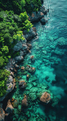Obraz premium Create an aerial view image of a tranquil ocean shore where the clear turquoise waters created with Generative AI technology