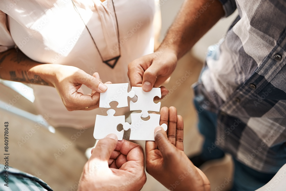 Aufkleber hands, group and jigsaw for strategy, solution and teamwork in collaboration for creativity at start