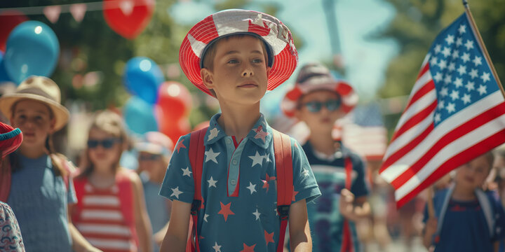 Kids celebrating 4th of July, marching with American flags in festive outdoor scene
