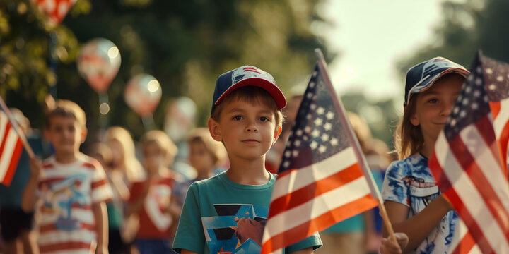 Group of children happily waving American flags in outdoor Independence Day parade