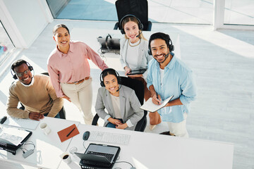 Happy telemarketing team, portrait and group in call center for customer service, IT support or...