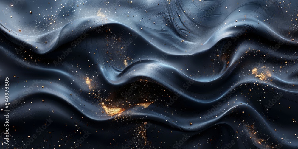 Poster the artwork features dark metallic textures, fluid waves, and scattered speckles, creating a visuall