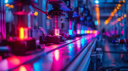 High-Tech Automated Manufacturing Line with Vibrant Neon Lights in a Modern Industrial Facility