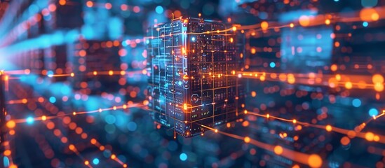 Futuristic Digital Data Network with Glowing Nodes and Connections in a High-Tech Environment