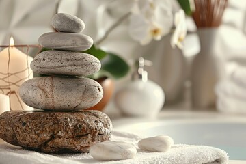 Spa still life with stacked of stone. Holiday, body care and luxury concept - generative ai