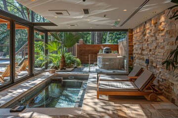 Luxurious Indoor Spa with Modern Design Featuring Stone Walls, Wooden Loungers, and a Small Pool Overlooking a Serene Outdoor Garden