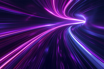 Blue purple light line through dark background, hyper speed warp in space