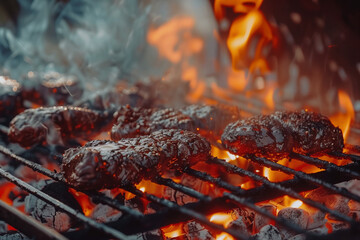 Grilled meat over a backyard barbecue fire, bringing together friends and family for a festive celebration, a delicious banquet, and a happy gathering, copy space