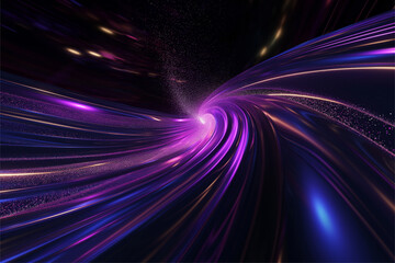 Blue purple light line through dark background, hyper speed warp in space