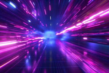 Obraz premium Blue purple light line through dark background, hyper speed warp in space