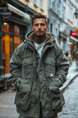 Fototapeta premium full-length a 30 years old man-model, Streetwear fashion style created with Generative AI technology