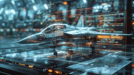 High-tech AI generative projection of a futuristic spacecraft or military air strike design on a glass virtual interface