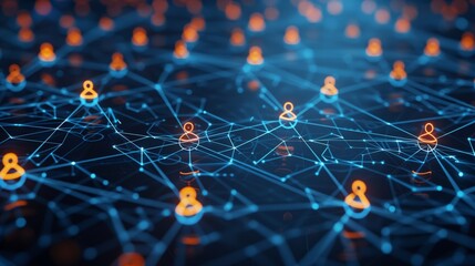 illustration connecting people on the internet, social network connection, glowing connections between people icons on dark blue background. Digital technology and online communication