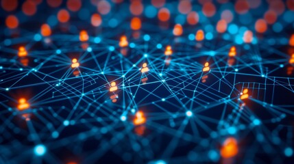 illustration connecting people on the internet, social network connection, glowing connections between people icons on dark blue background. Digital technology and online communication