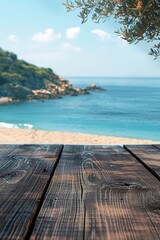 Fototapeta premium Rustic Wooden Table Overlooking a Serene Beach with Clear Blue Waters and Lush Green Hills in the Background on a Sunny Day