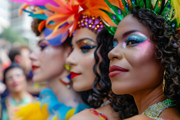 Fototapeta premium Side profile of drag queens of various ethnic backgrounds in a candid photo, showing theatrical and extravagant makeup.