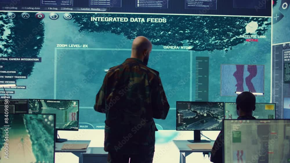 Poster army officer examining real time satellite data on big screen in military power base, gather intelli