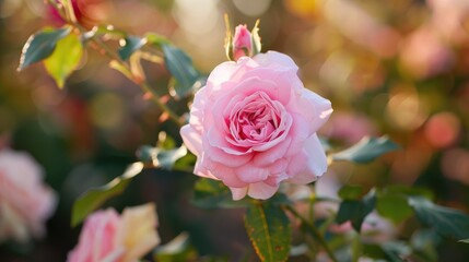 Pink rose in full bloom at Ham Tan Farm in the early hours of the day