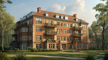 Obraz premium german apartment building, clean, nice weather, photorealistic created with Generative AI technology