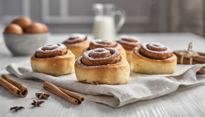 Cinnamon rolls baking on cotton fabric, with copy space and blurred kitchen background