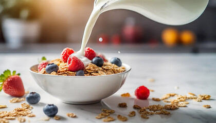 Fresh milk cascades over cereal, berries in cold, natural scene
