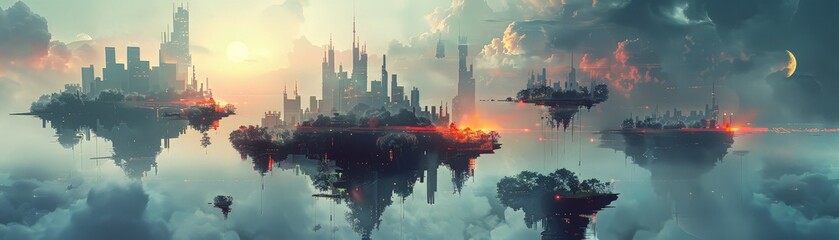 Fototapeta premium Surreal Floating Cityscape at Dawn with Dramatic Clouds and Futuristic Architecture in a Fantasy World