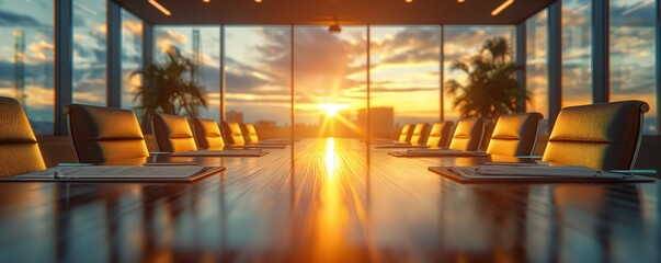 Sunset reflecting on long conference room table