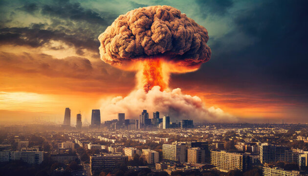 Devastating nuclear explosion depicted by mushroom cloud over city skyline, symbolizing apocalyptic destruction - Powered by Adobe