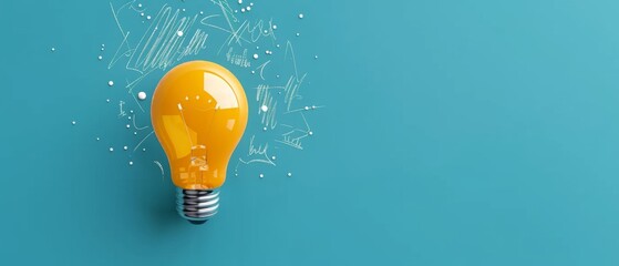 A yellow light bulb flying on a blue background with white doodles, a banner for an online course of creative thinking and idea generation with copy space.