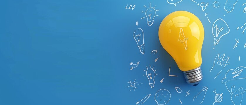 A yellow light bulb flying on a blue background with white doodles, a banner for an online course of creative thinking and idea generation with copy space.