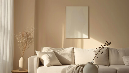 Minimalist living room with peach walls, gray furniture, and abstract painting