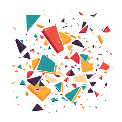 Colorful geometric shapes exploding white background, dynamic abstract art composition. Vibrant shards fly outward suggesting movement, excitement. Bright reds, yellows, blues create festive