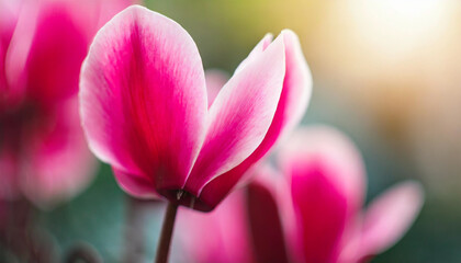 cyclamen petals, pink hues against blurred floral backdrop, showcasing natural beauty and springtime essence