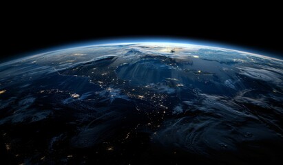 Obraz premium The Earth Illuminated Against the Vast Darkness of Outer Space, Evoking a Sci-Fi Atmosphere with a Deep Black Background