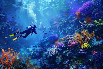 Obraz premium Scuba diver exploring a vibrant coral reef full of colorful marine life under clear blue ocean waters, showcasing underwater beauty.