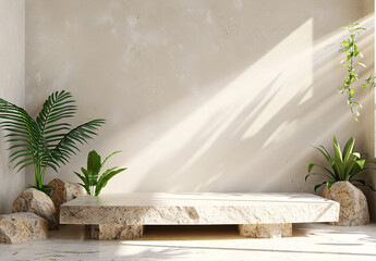 Modern natural stone podium in minimalist interior design with plants