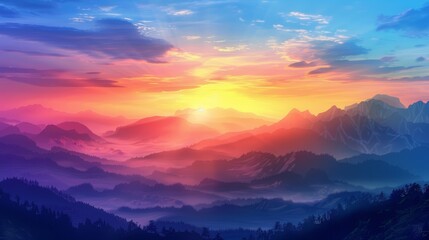Obraz premium Stunning sunrise over misty mountains with vibrant colors blending together in a breathtaking natural landscape.