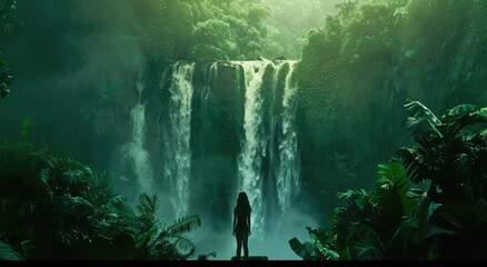 A person standing in front of a waterfall in a lush green jungle landscape - Powered by Adobe