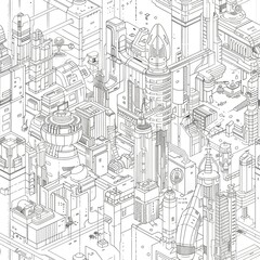 Obraz premium An abstract line drawing of a futuristic cityscape, with buildings, flying vehicles, and advanced technology represented by sleek, angular lines that suggest innovation and progress. Minimal pattern