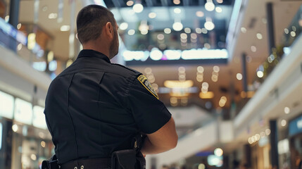 Armed security guard keeps order in store, police officer stands in modern mall. Concept of secure shopping, service, safety, retail, supermarket.
