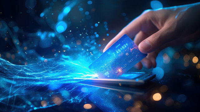 Payment with plastic bank card via pos terminal, human hand and contactless money transfer online. Concept of digital connect data, tech, technology
