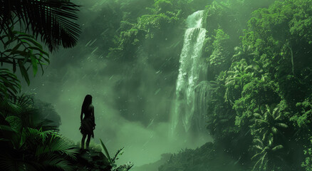 A person standing in front of a waterfall in a lush green jungle landscape