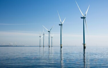 Wind turbines in the sea with a clear blue sky, Copenhagen visible in the background, wide shot.