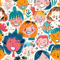 A delightful, hand-drawn picture showcasing a group of friends with exaggerated smiles and lively expressions, reflecting the playful creativity and colorful imagination of a young child. Minimal